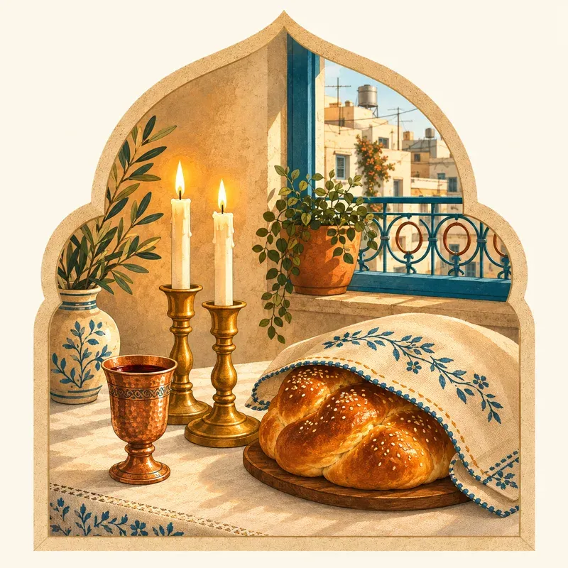 איור שולחן שבת - נרות, גביע קידוש וחלה מכוסה מול חלון עם נוף פלורנטין