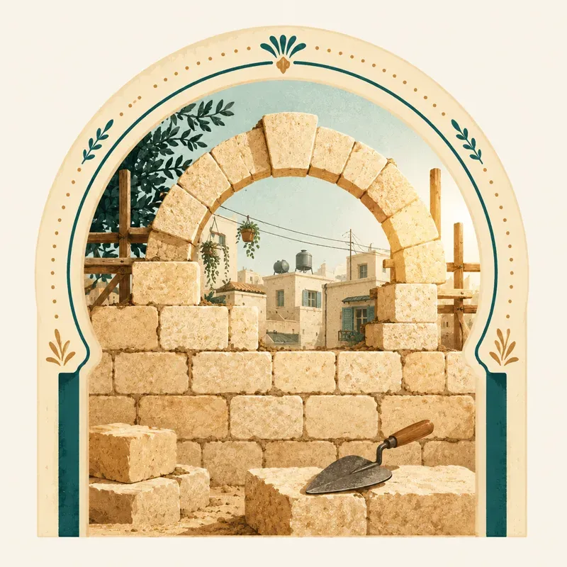 איור קיר אבן ירושלמית נבנה, עם נוף גגות פלורנטין